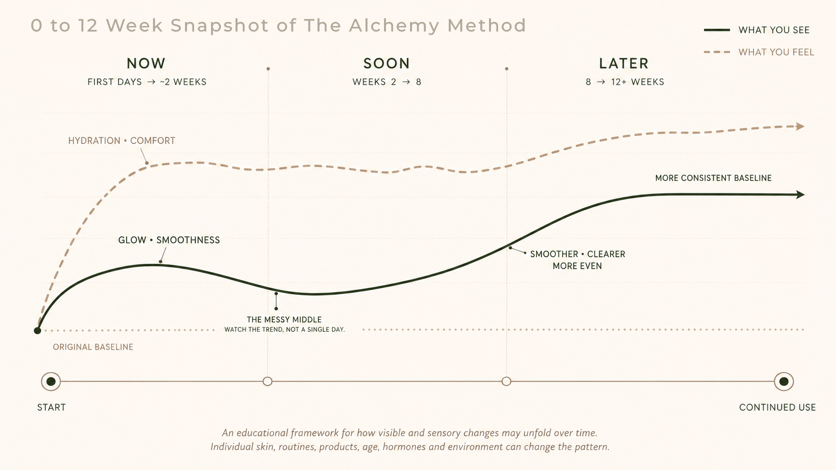 Skincare progress timeline showing Now, Soon and Later changes, with early hydration and glow, a variable middle period, and a more consistent baseline with continued use.